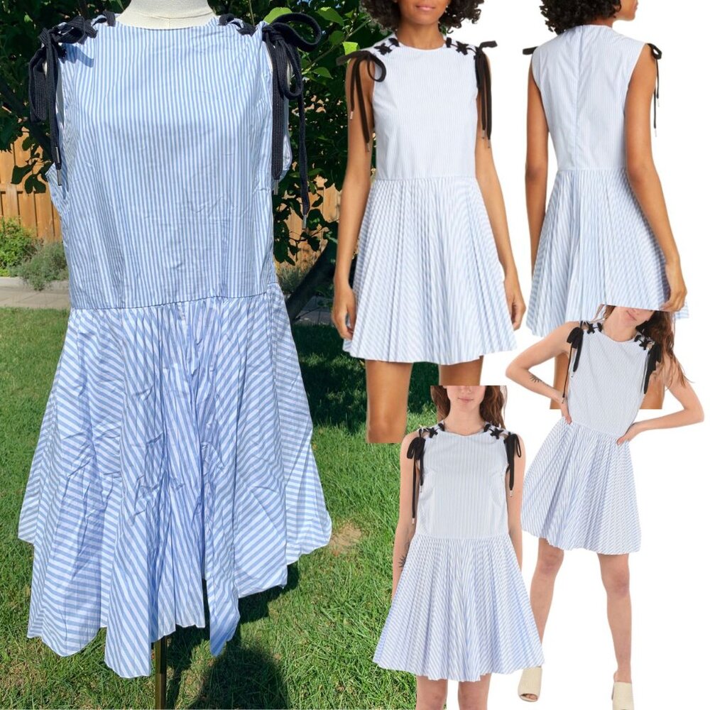 RED VALENTINO NWOT Lace-up Detail Striped Dress, White & Pale Blue, Sz IT46 US10